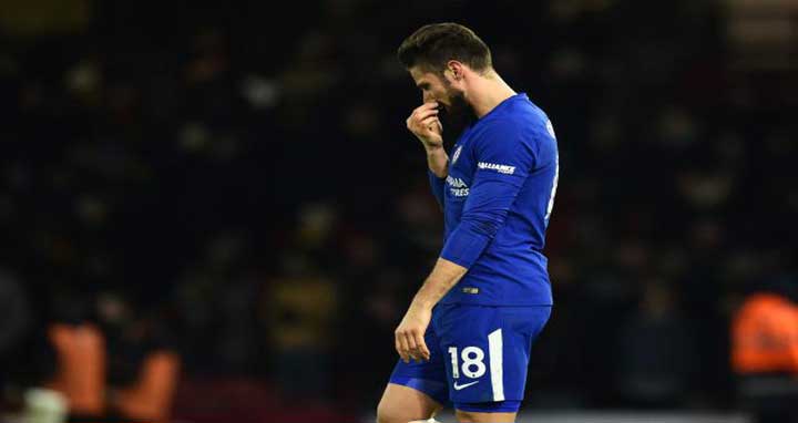 Chelsea’s French attacker Olivier Giroud reacts after losing the English Premier League football match between Watford and Chelsea at Vicarage Road Stadium in Watford, north of London on Monday. Photo: AFP