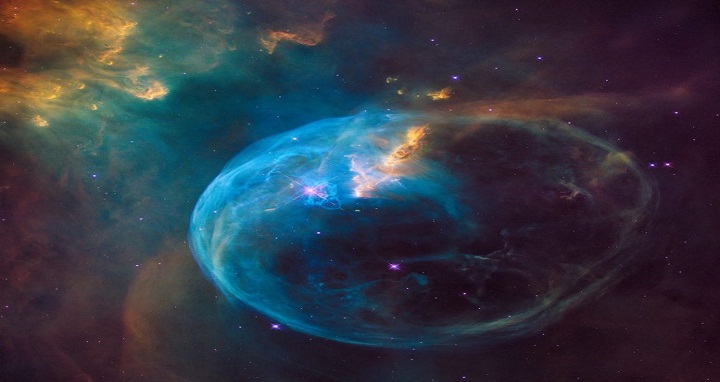 A zoom into the Hubble Space Telescope photograph of an enormous, balloon-like bubble being blown into space by a super-hot, massive star. Astronomers trained the iconic telescope on this colorful feature, called the Bubble Nebula, or NGC 7635. Credits: NASA, ESA, and the Hubble Heritage Team (STScI/AURA), F. Summers, G. Bacon, Z. Levay, and L. Frattare (Viz 3D Team, STScI)